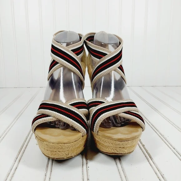 MIA Rope Heels Tan Black White Red Striped Ankle Strap Wedge Sandals C4 - Picture 3 of 11